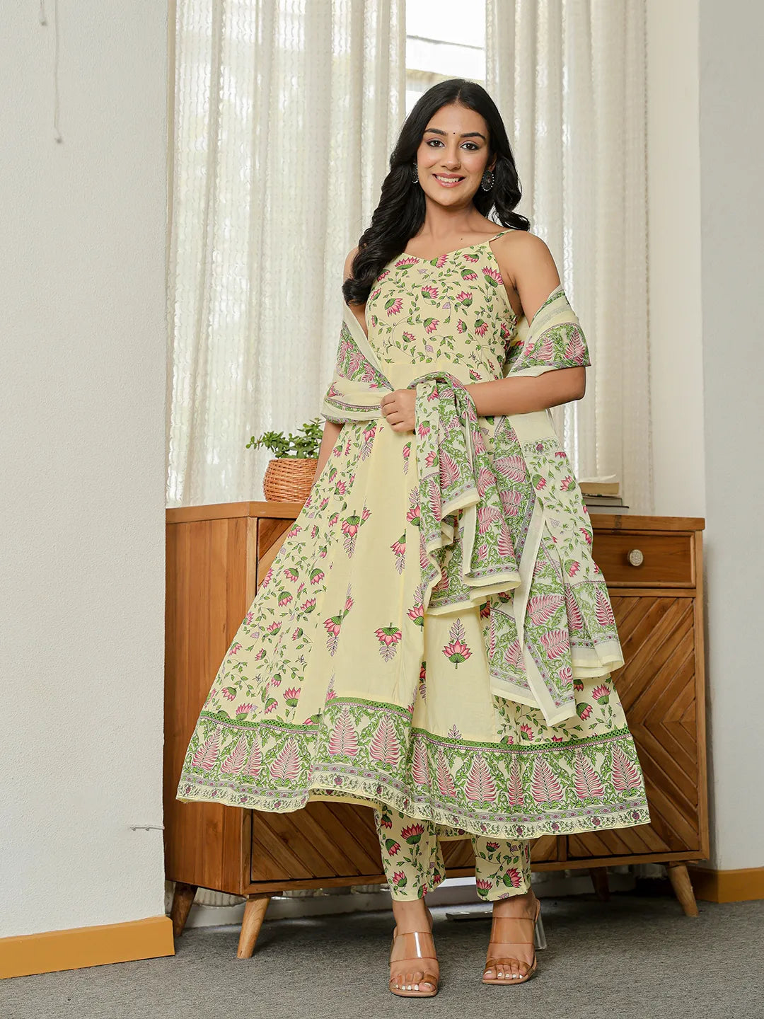 Yufta Yellow Pure Cotton Sleeveless Strappy Anarkali Kurta Dupatta Set | Grocsy
