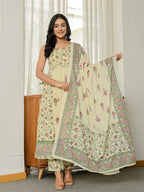 Yufta Yellow Pure Cotton Sleeveless Strappy Anarkali Kurta Dupatta Set | Grocsy