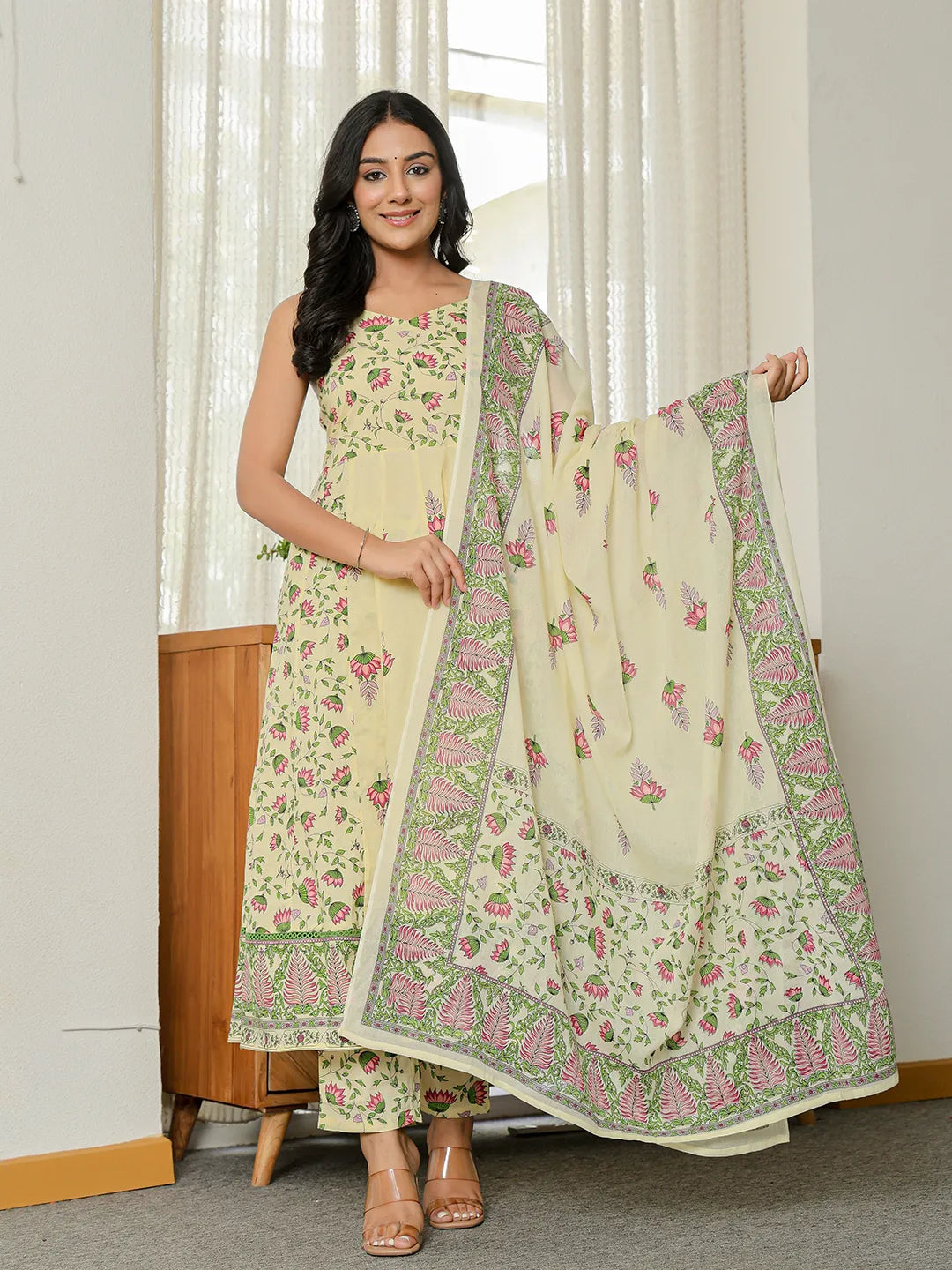 Yufta Yellow Pure Cotton Sleeveless Strappy Anarkali Kurta Dupatta Set | Grocsy