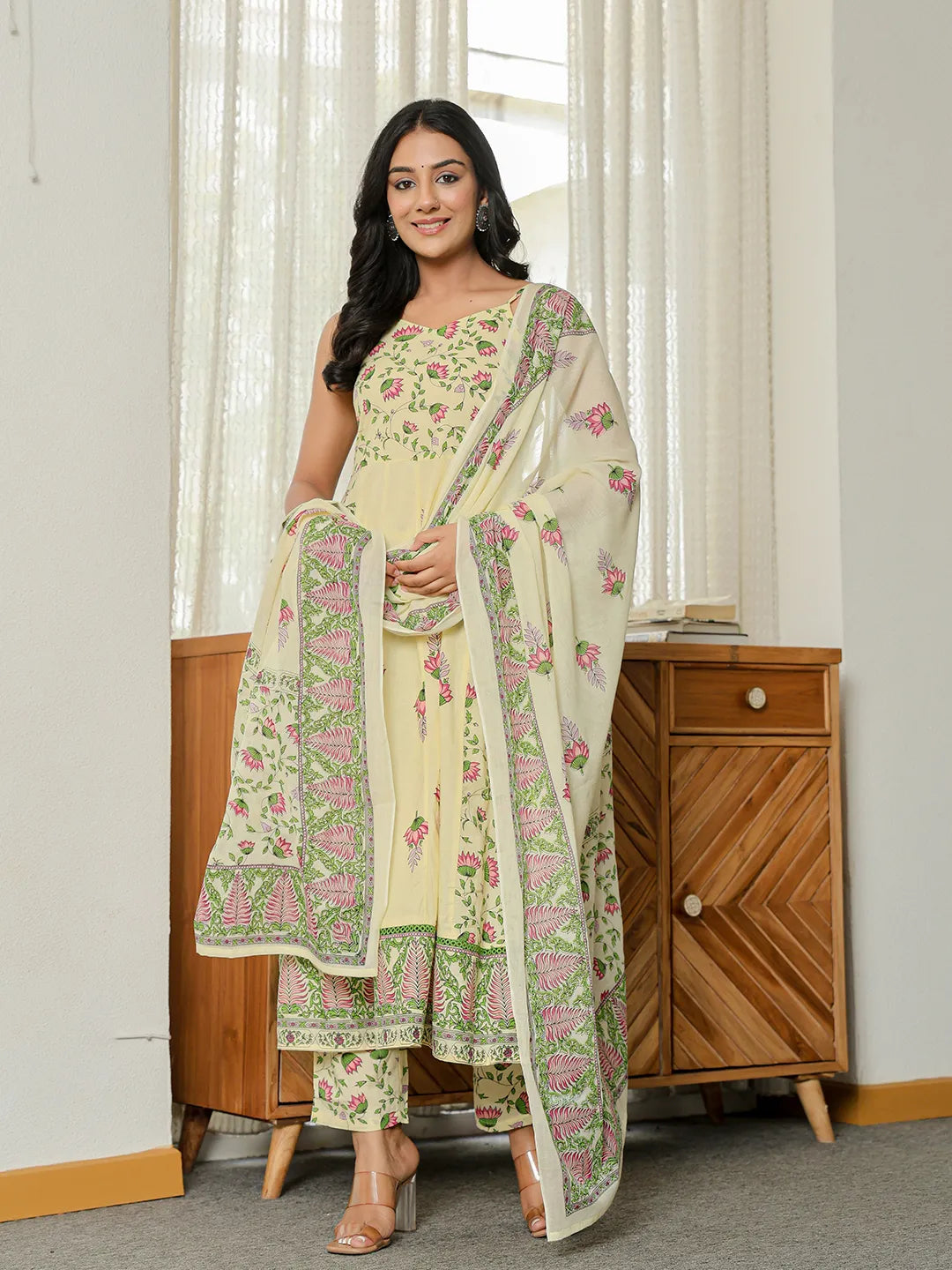 Yufta Yellow Pure Cotton Sleeveless Strappy Anarkali Kurta Dupatta Set | Grocsy