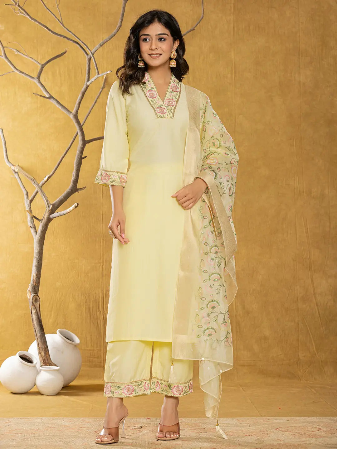 Yufta Yellow Silk Blend Pakistani Style Kurta Dupatta Set | Grocsy