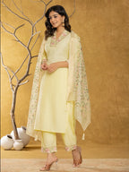 Yufta Yellow Silk Blend Pakistani Style Kurta Dupatta Set | Grocsy