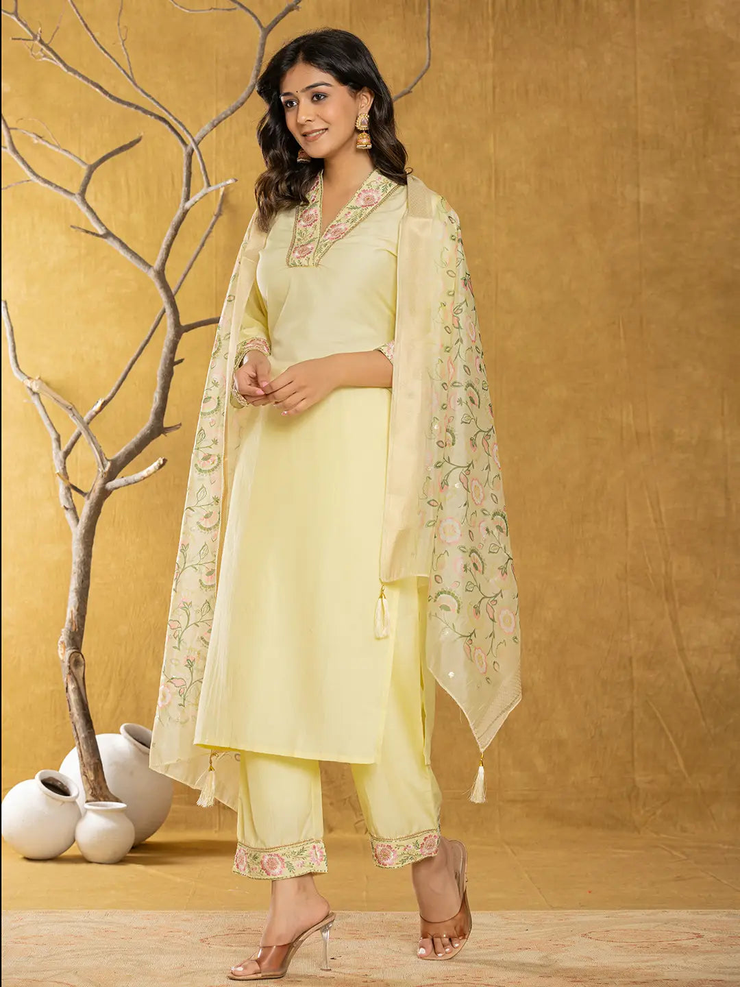 Yufta Yellow Silk Blend Pakistani Style Kurta Dupatta Set | Grocsy