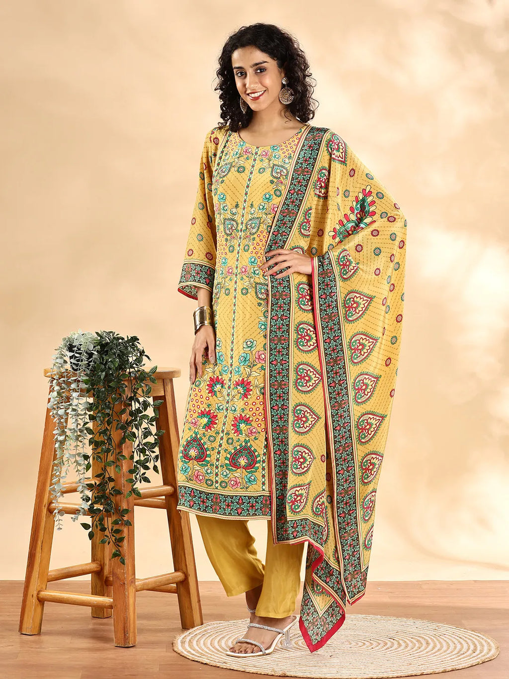 Yufta Yellow Silk Crepe Cutdana Work Straight Kurta Dupatta Pant Set | Grocsy