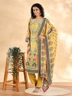 Yufta Yellow Silk Crepe Cutdana Work Straight Kurta Dupatta Pant Set | Grocsy