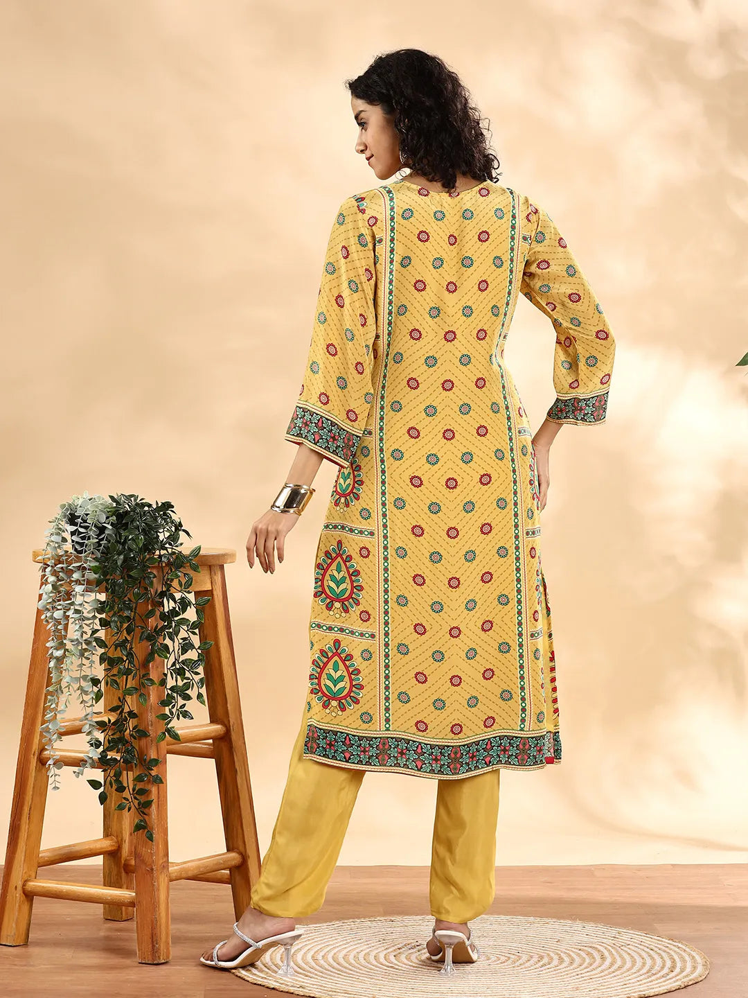 Yufta Yellow Silk Crepe Cutdana Work Straight Kurta Dupatta Pant Set | Grocsy