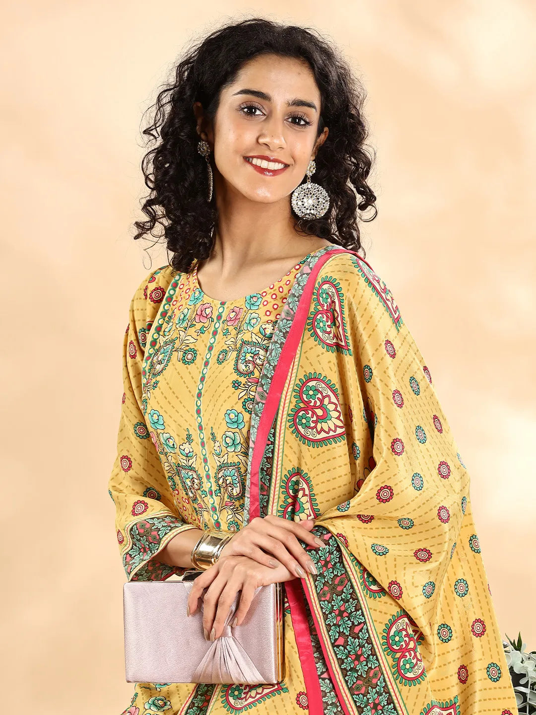 Yufta Yellow Silk Crepe Cutdana Work Straight Kurta Dupatta Pant Set | Grocsy