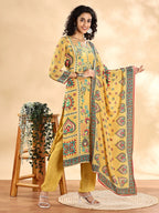 Yufta Yellow Silk Crepe Cutdana Work Straight Kurta Dupatta Pant Set | Grocsy