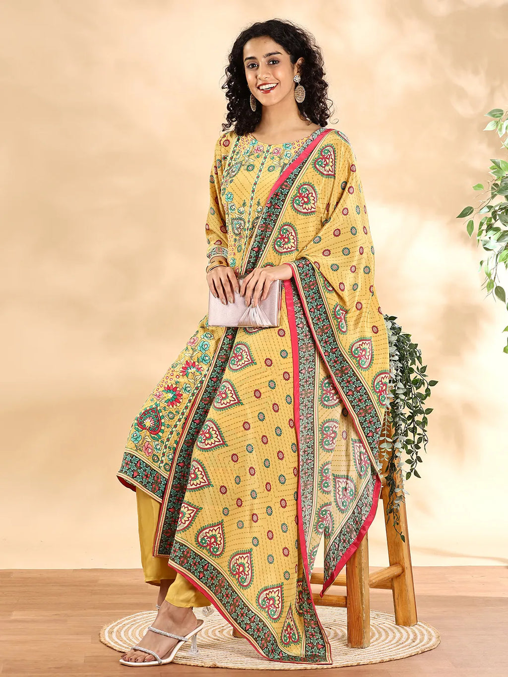 Yufta Yellow Silk Crepe Cutdana Work Straight Kurta Dupatta Pant Set | Grocsy