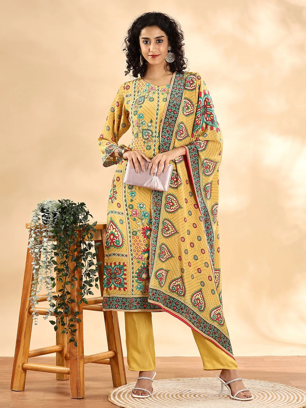 Yufta Yellow Silk Crepe Cutdana Work Straight Kurta Dupatta Pant Set | Grocsy