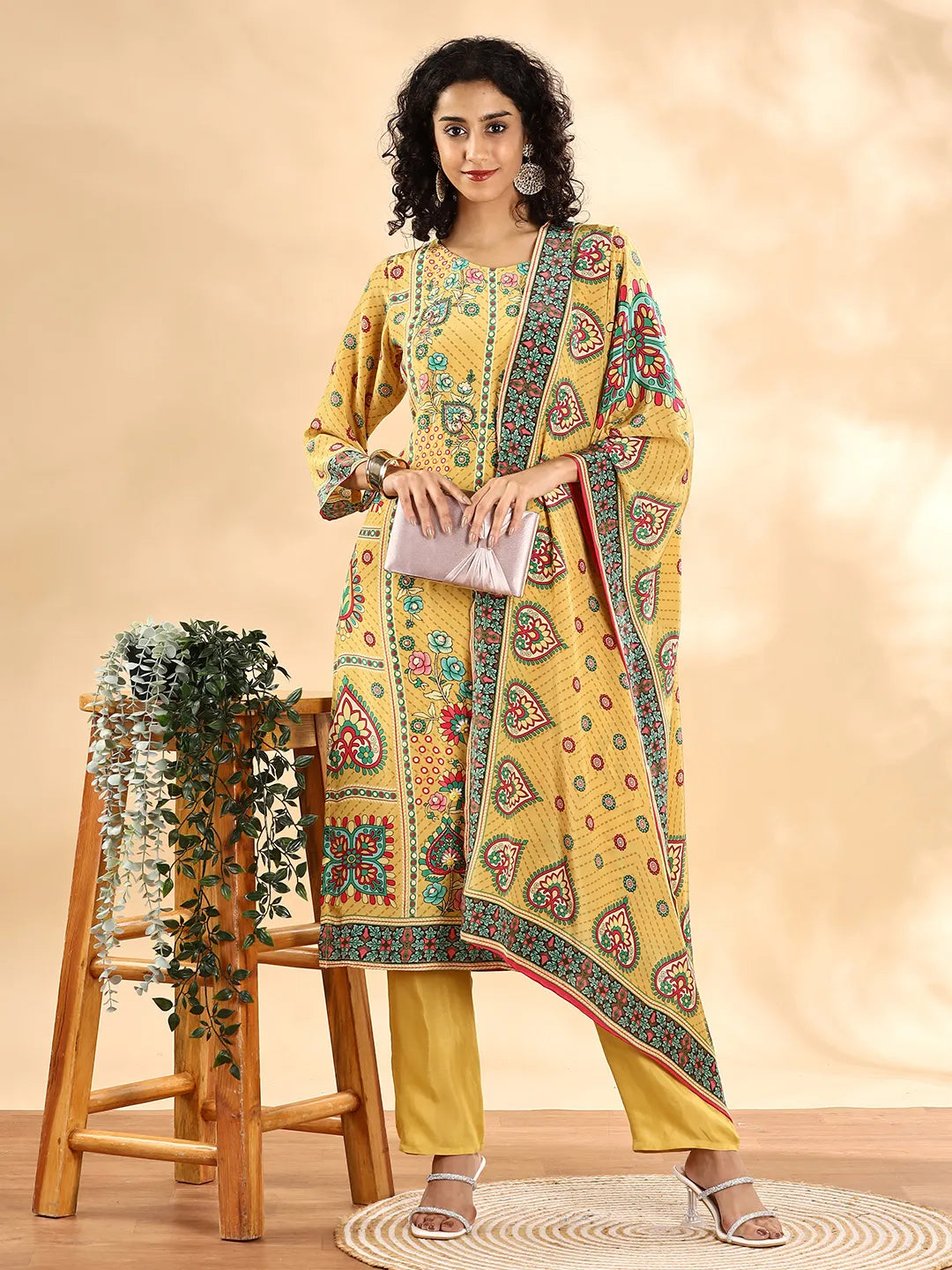 Yufta Yellow Silk Crepe Cutdana Work Straight Kurta Dupatta Pant Set | Grocsy