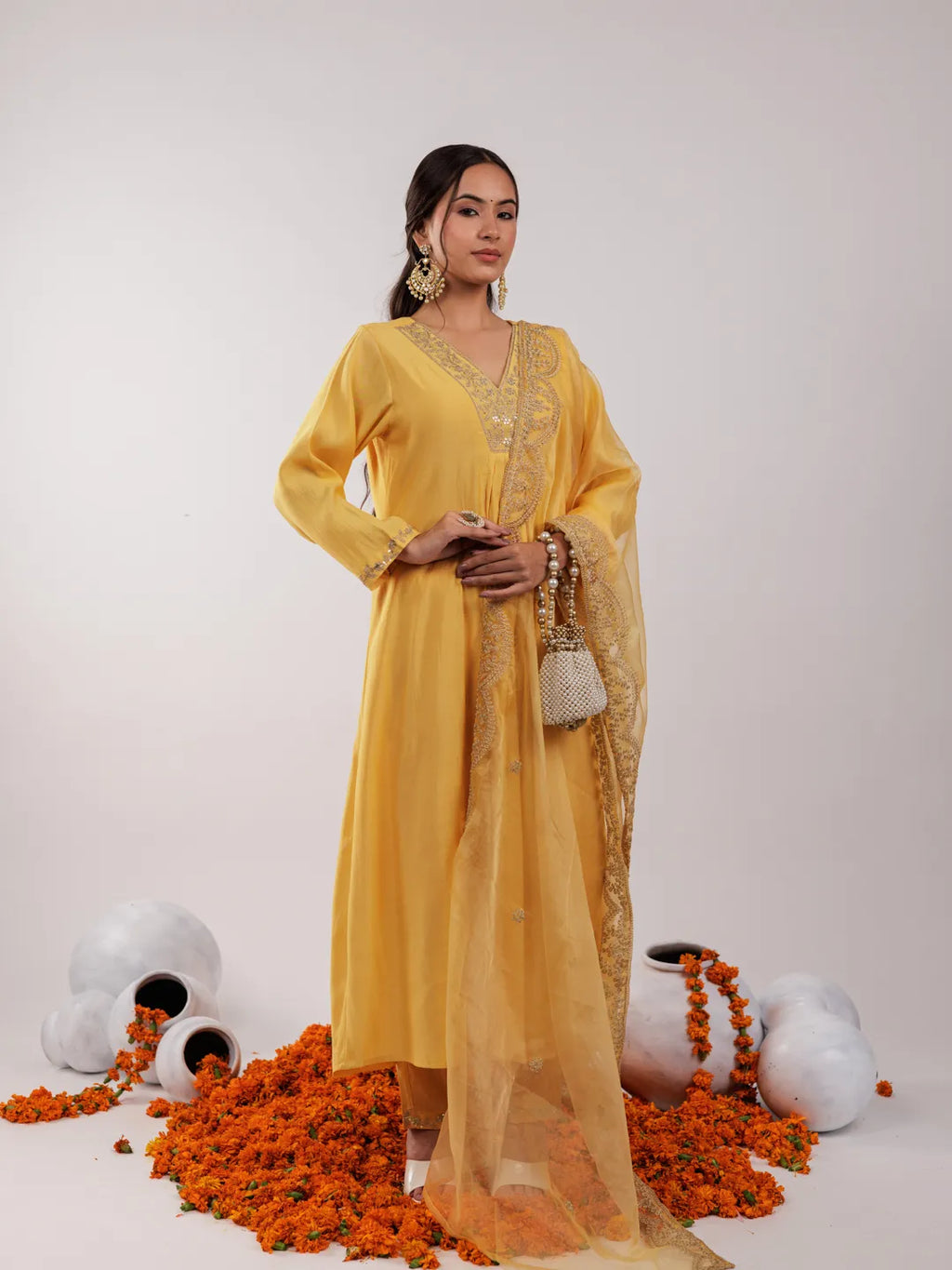 Yufta Yellow Silk Embroidered Kurta Dupatta Set | Grocsy