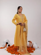 Yufta Yellow Silk Embroidered Kurta Dupatta Set | Grocsy