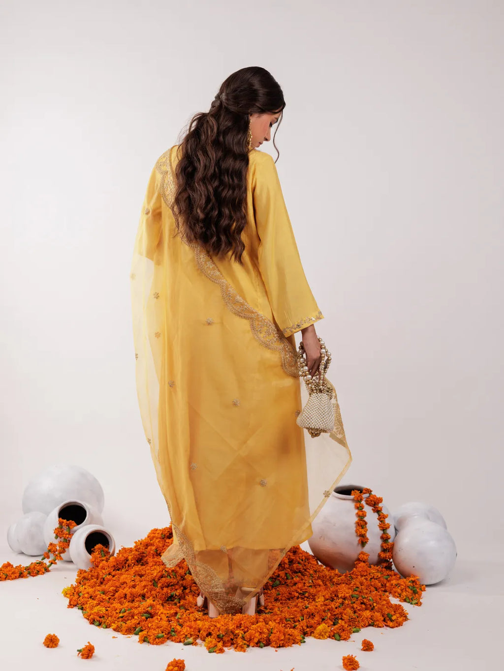 Yufta Yellow Silk Embroidered Kurta Dupatta Set | Grocsy