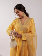 Yufta Yellow Silk Embroidered Kurta Dupatta Set | Grocsy