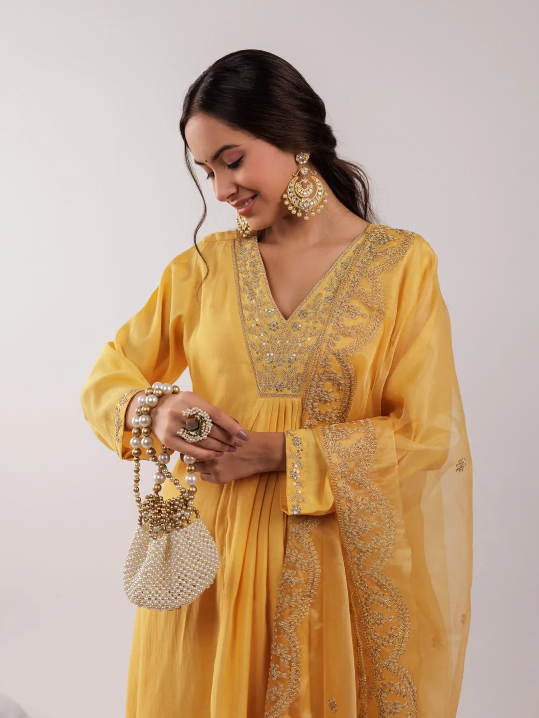 Yufta Yellow Silk Embroidered Kurta Dupatta Set | Grocsy