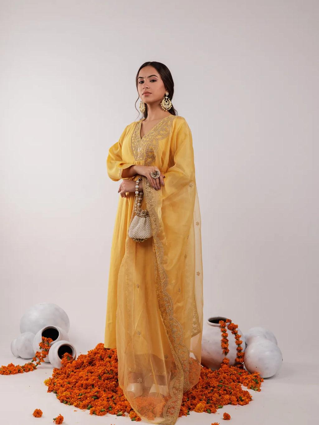 Yufta Yellow Silk Embroidered Kurta Dupatta Set | Grocsy