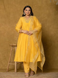 Yufta Yellow Silk Embroidered Plus Size Kurta Dupatta Set | Grocsy