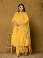 Yufta Yellow Silk Embroidered Plus Size Kurta Dupatta Set | Grocsy