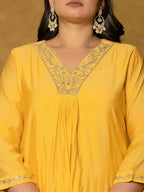 Yufta Yellow Silk Embroidered Plus Size Kurta Dupatta Set | Grocsy