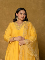 Yufta Yellow Silk Embroidered Plus Size Kurta Dupatta Set | Grocsy