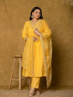 Yufta Yellow Silk Embroidered Plus Size Kurta Dupatta Set | Grocsy
