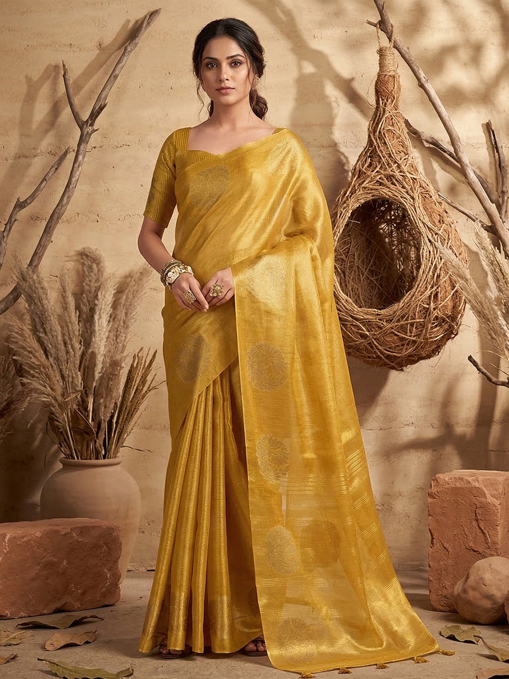 Anaita Yellow Tissue Silk Woven Saree With Blouse | Grocsy