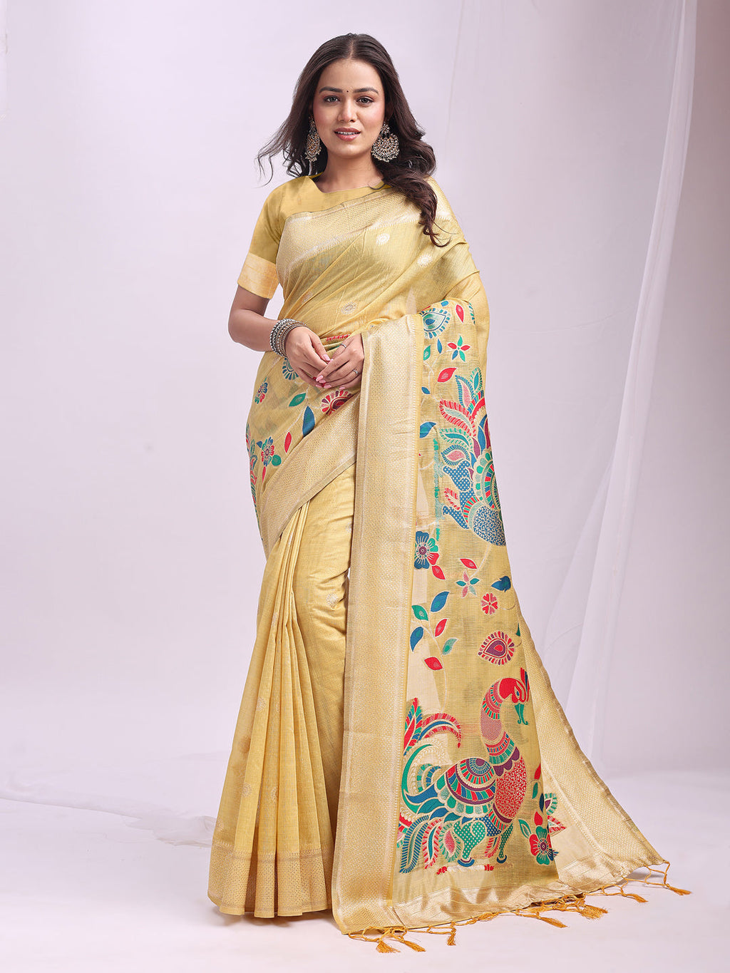 Anaita Yellow Linen Cotton Woven Saree With Blouse | Grocsy
