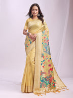 Anaita Yellow Linen Cotton Woven Saree With Blouse | Grocsy