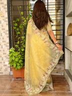 Evanik Leno Net Organza Embroidered Work Saree With Unstitched Blouse | Grocsy
