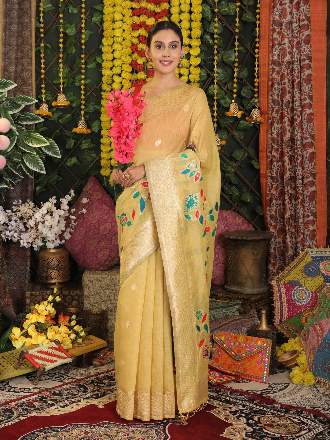 Anaita Yellow Linen Cotton Woven Saree With Blouse | Grocsy