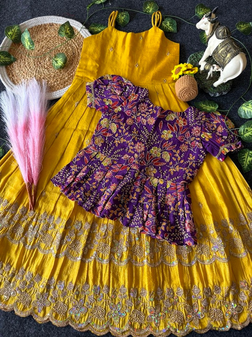 Evanik Designer Yellow Tissue Silk Embroidered Work Gown With koti for Kids | Grocsy