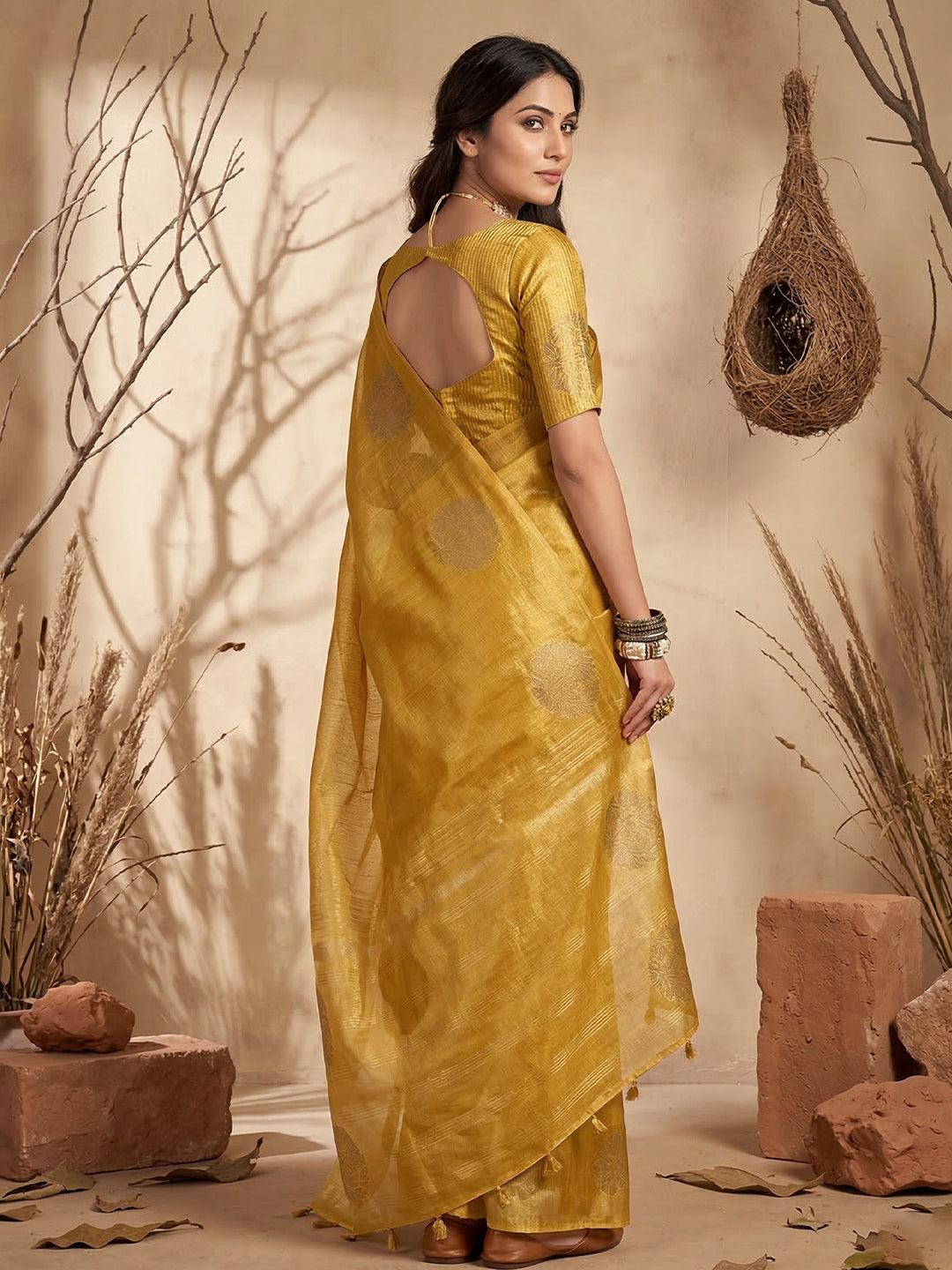 Anaita Yellow Tissue Silk Woven Saree With Blouse | Grocsy