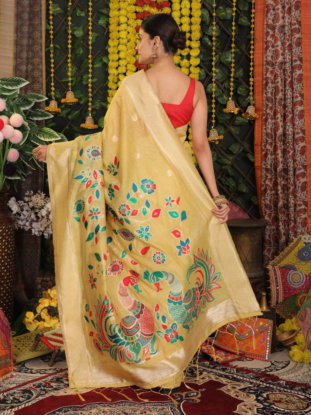 Anaita Yellow Linen Cotton Woven Saree With Blouse | Grocsy