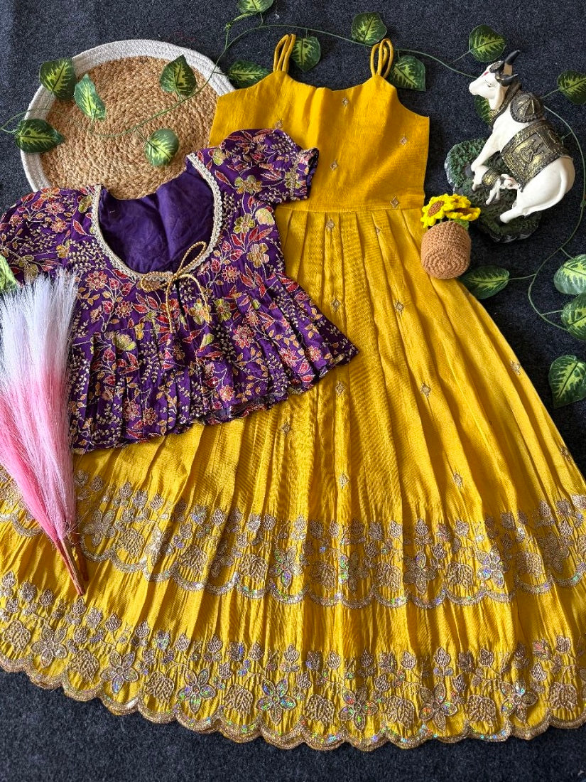 Evanik Designer Yellow Tissue Silk Embroidered Work Gown With koti for Kids | Grocsy