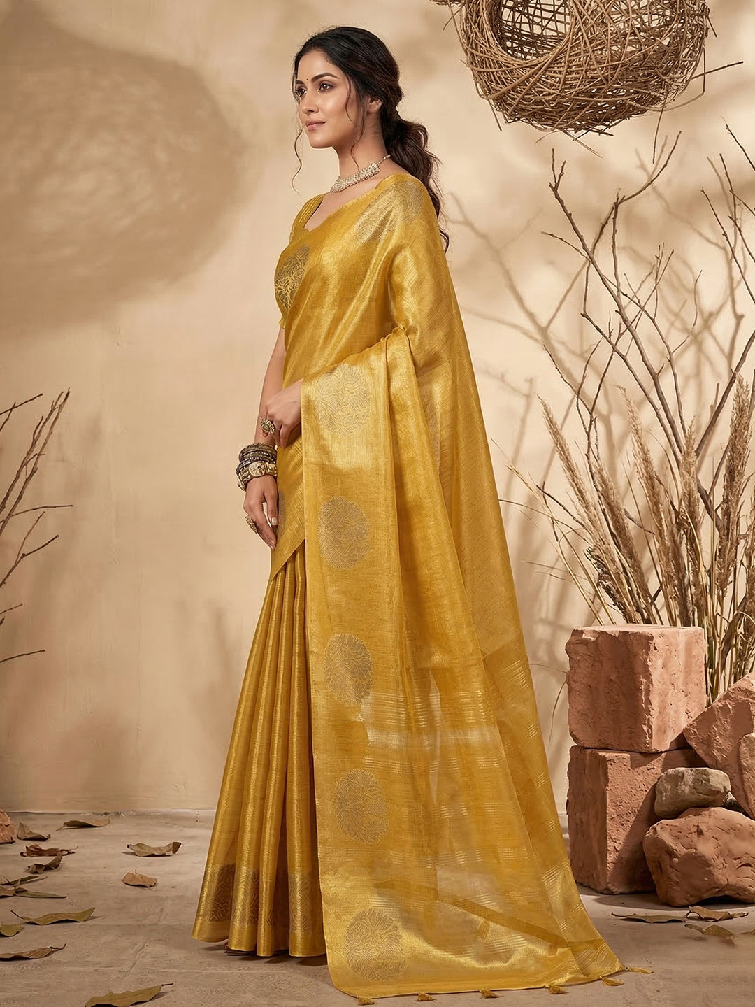Anaita Yellow Tissue Silk Woven Saree With Blouse | Grocsy