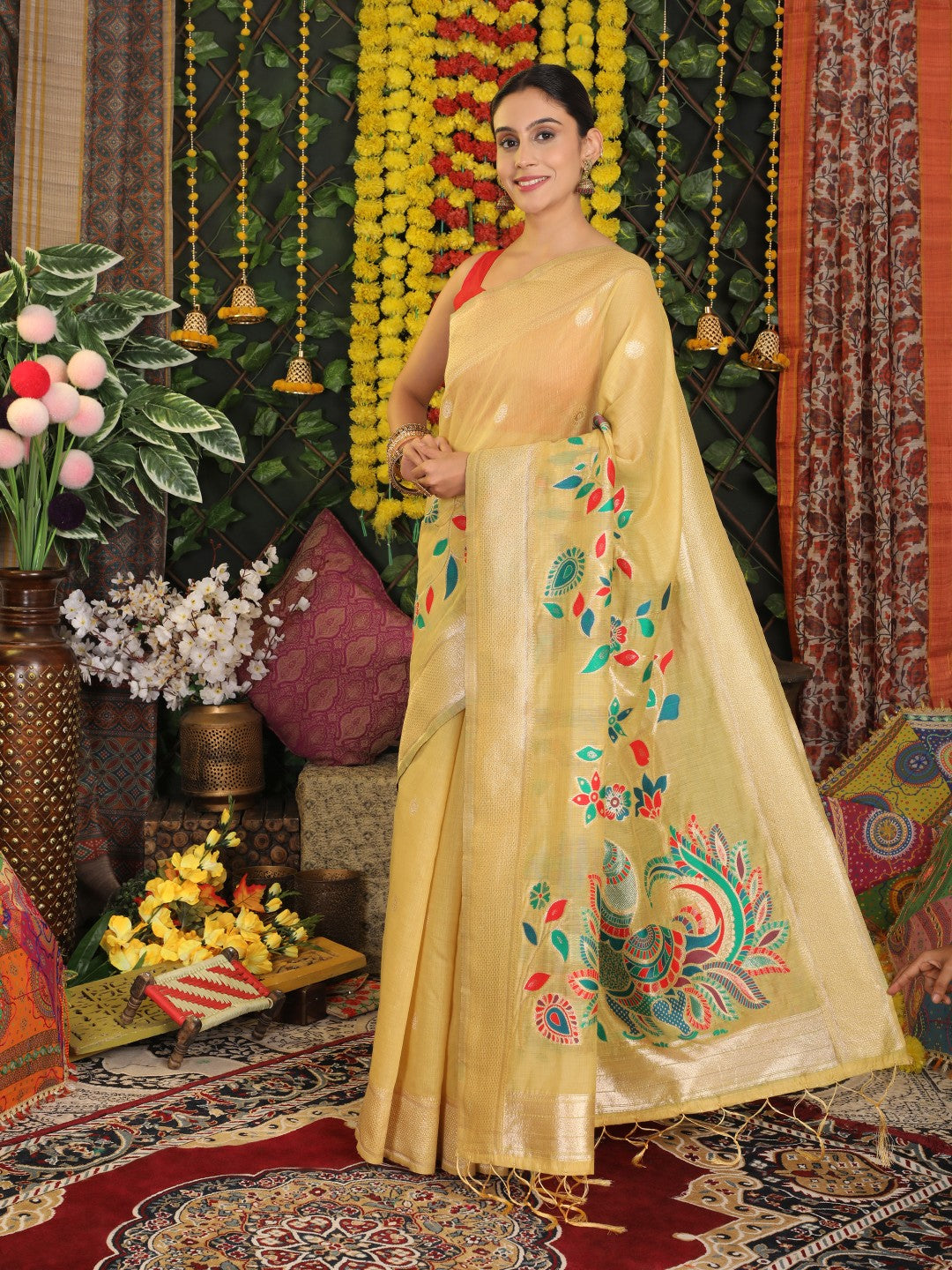 Anaita Yellow Linen Cotton Woven Saree With Blouse | Grocsy