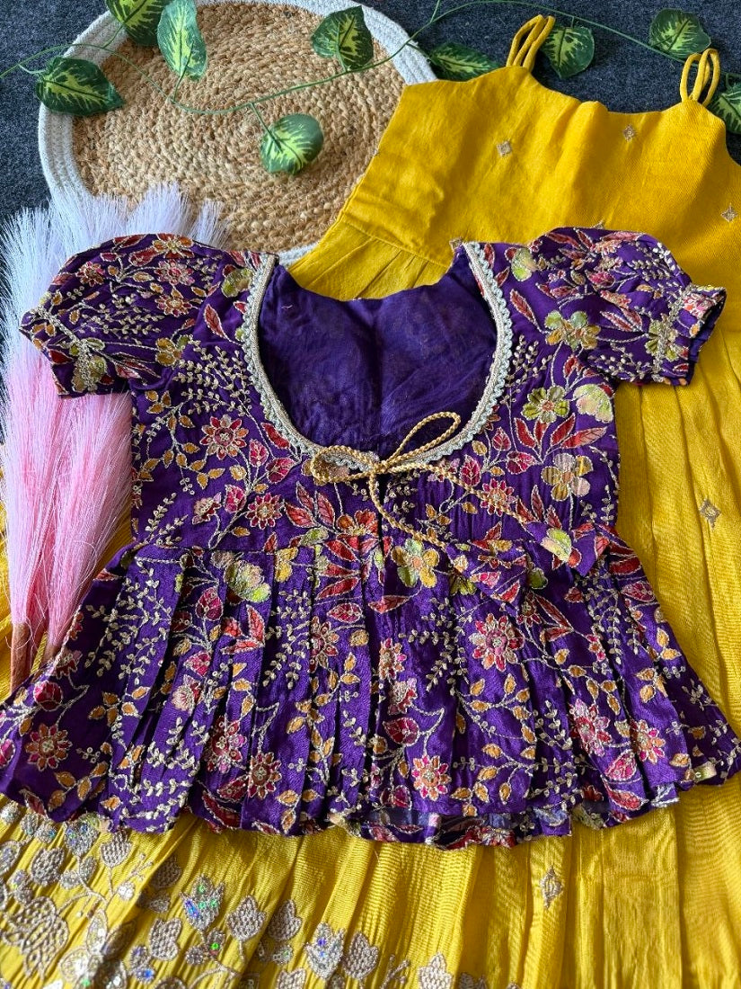 Evanik Designer Yellow Tissue Silk Embroidered Work Gown With koti for Kids | Grocsy