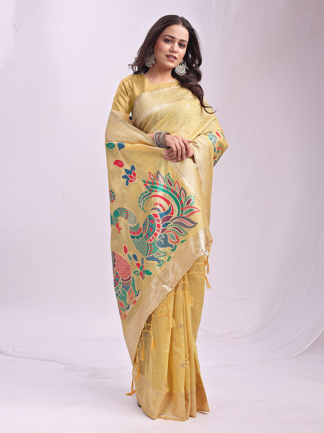 Anaita Yellow Linen Cotton Woven Saree With Blouse | Grocsy