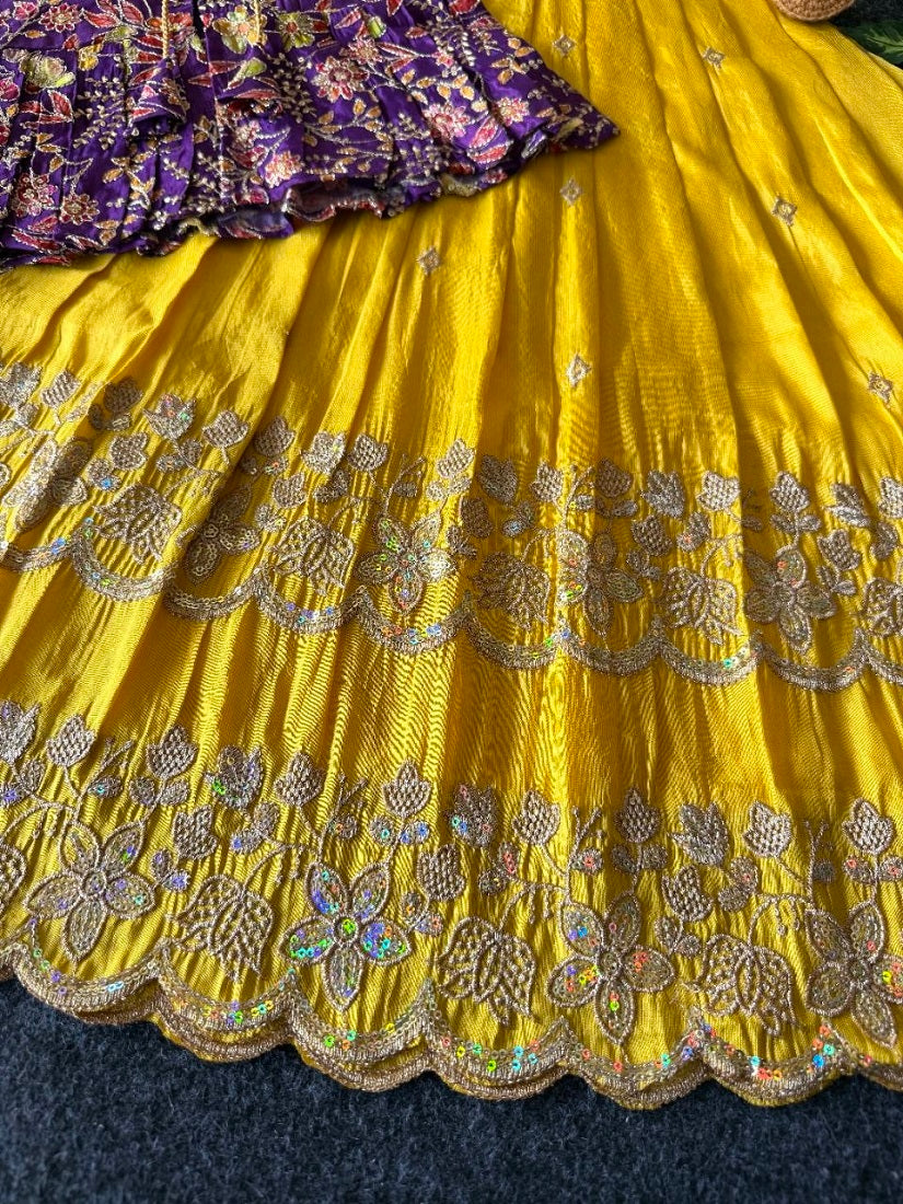Evanik Designer Yellow Tissue Silk Embroidered Work Gown With koti for Kids | Grocsy