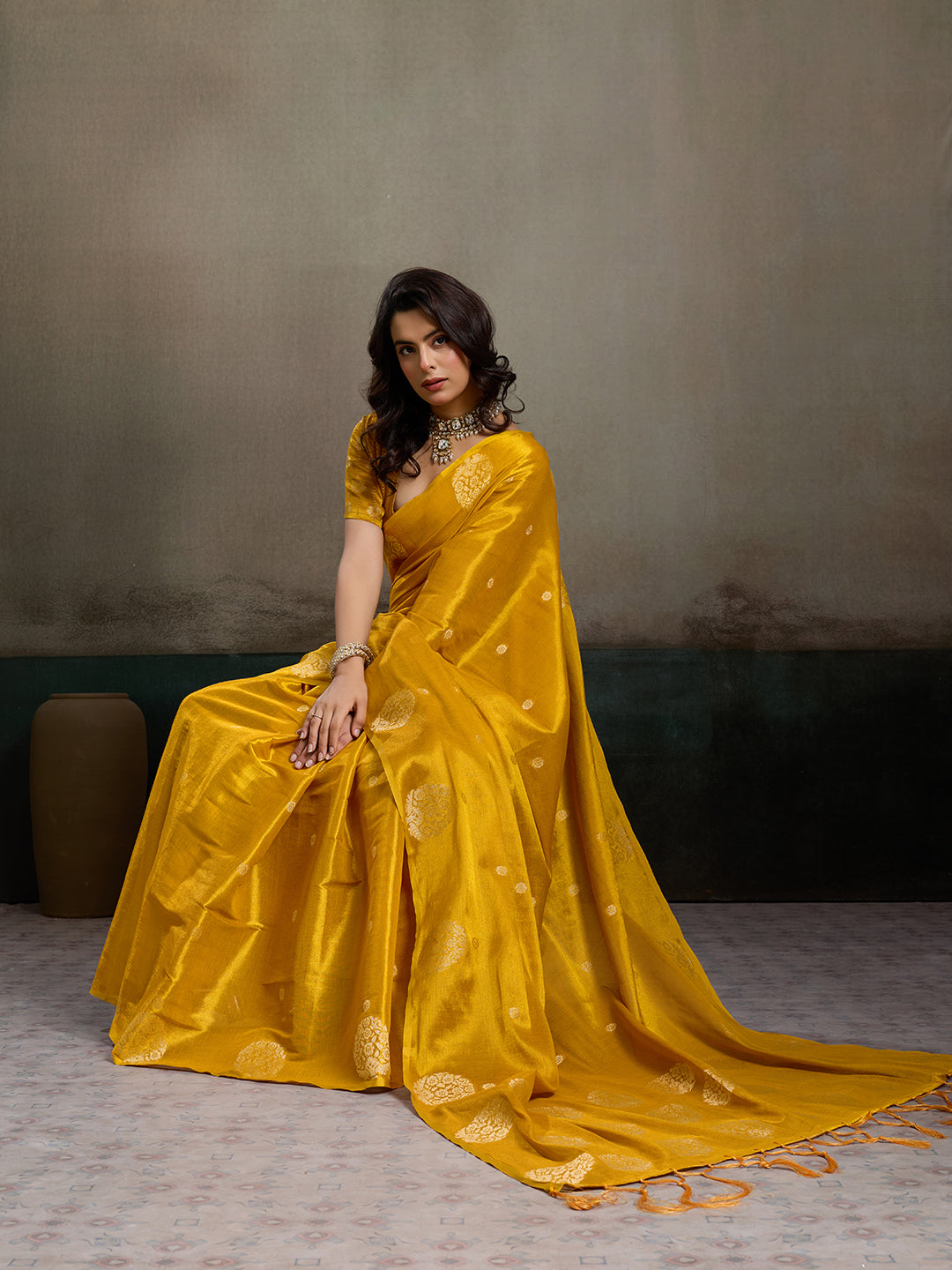 Anaita Yellow Tissue Silk Woven Saree With Blouse | Grocsy