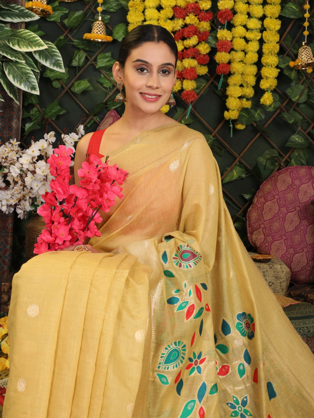 Anaita Yellow Linen Cotton Woven Saree With Blouse | Grocsy