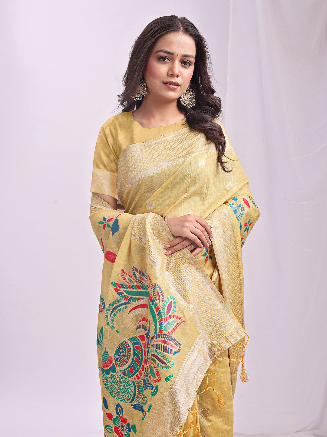 Anaita Yellow Linen Cotton Woven Saree With Blouse | Grocsy