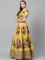 Tulsi Art Yellow & Burgundy Printed Semi-Stitched Myntra Lehenga & Unstitched Blouse With Dupatta | Grocsy