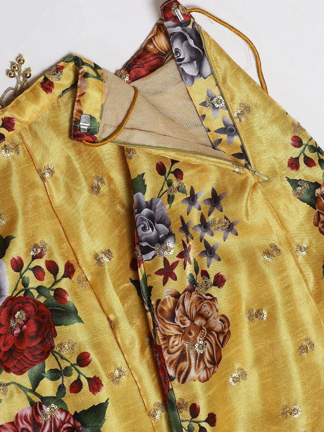 Tulsi Art Yellow & Burgundy Printed Semi-Stitched Myntra Lehenga & Unstitched Blouse With Dupatta | Grocsy