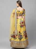 Tulsi Art Yellow & Burgundy Printed Semi-Stitched Myntra Lehenga & Unstitched Blouse With Dupatta | Grocsy