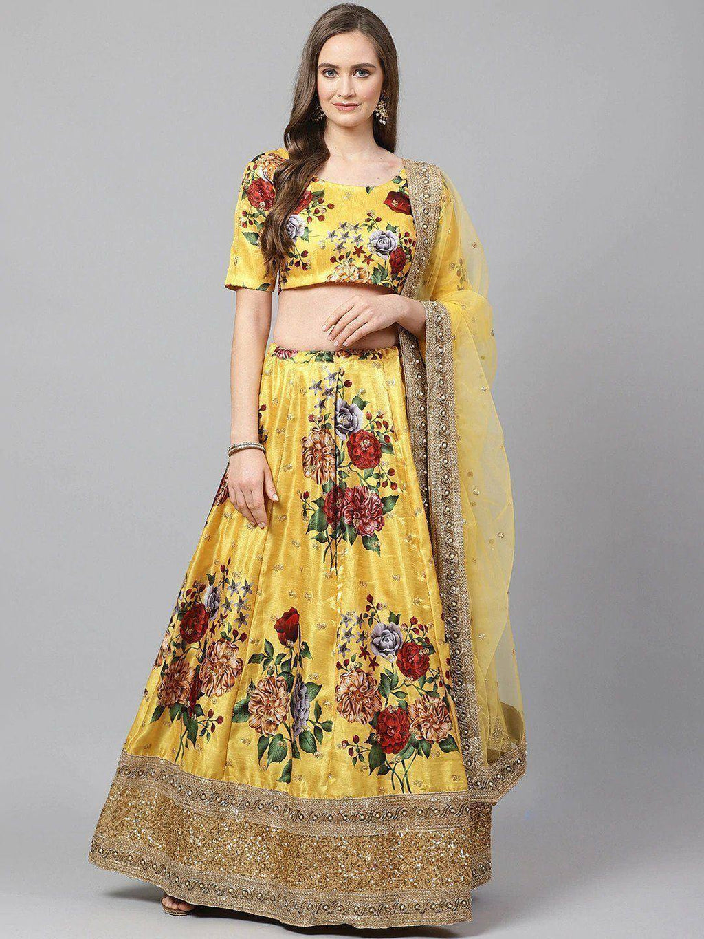 Tulsi Art Yellow & Burgundy Printed Semi-Stitched Myntra Lehenga & Unstitched Blouse With Dupatta | Grocsy