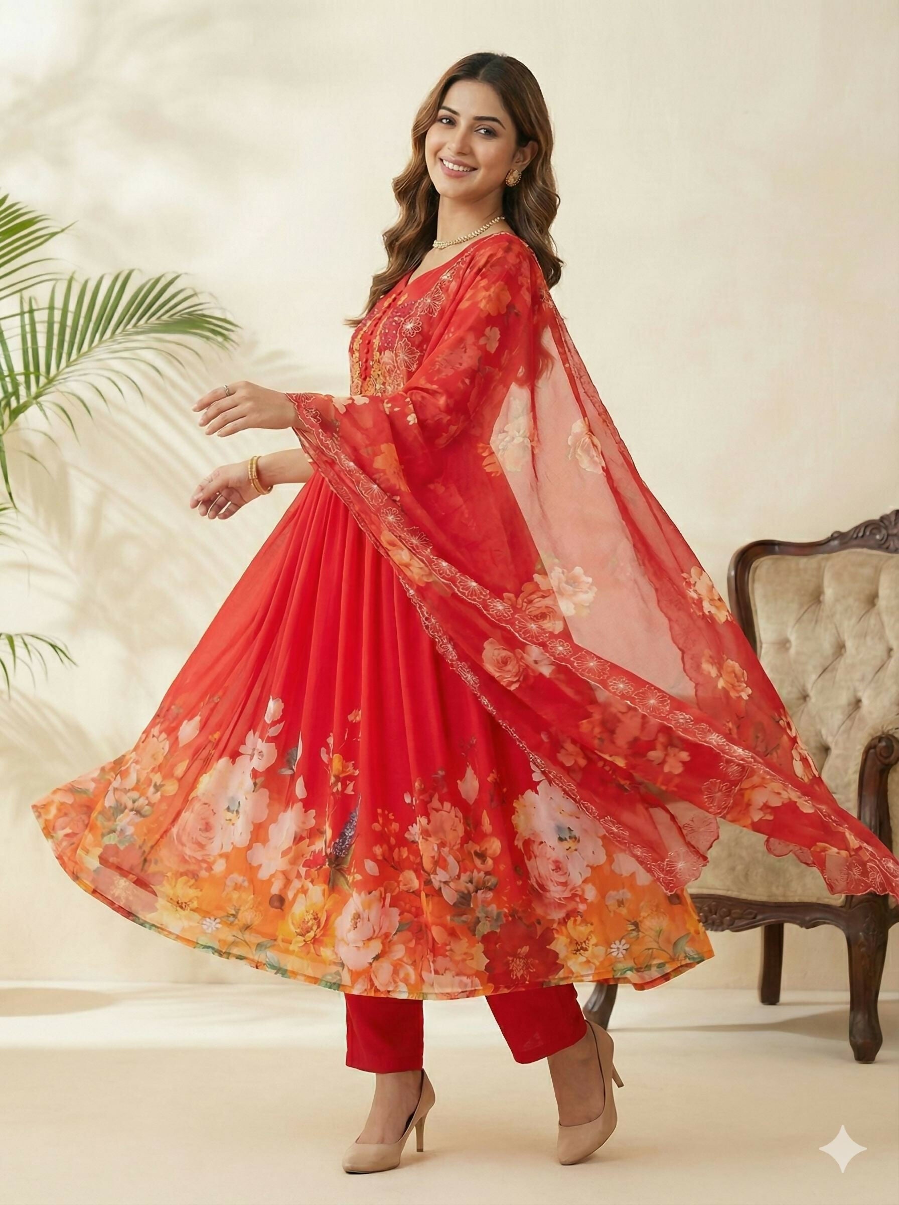 Teeya Creation Womens New Fancy Fox Georgette Heavy Quality Fabric With Handwork Orange Gown Set | Grocsy