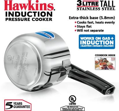 Hawkins Stainless Steel Tall 3 L Induction Bottom Pressure Cooker (HSS3T) | Grocsy