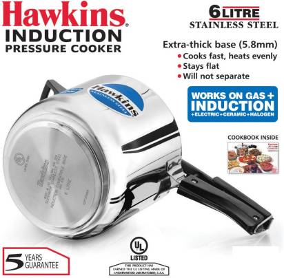 Hawkins Stainless Steel 6 L Induction Bottom Pressure Cooker (HSS60) | Grocsy